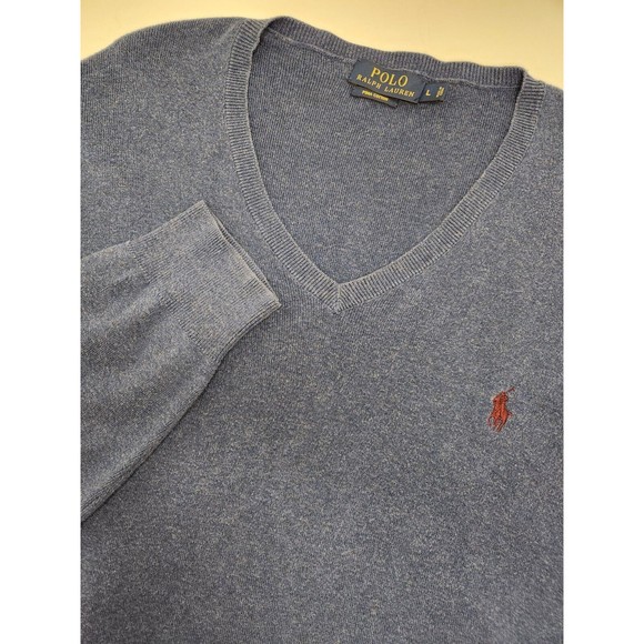 Polo Ralph Lauren Other - Polo Ralph Lauren Sweater Men's L V-Neck Pima Cotton Blue Knit Pullover Red Pony